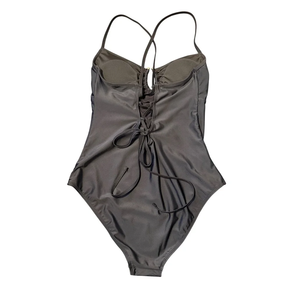 Black Lace Up Back One Piece Swimsuit NEW Large- Ruched Bust Minimalist Swimwear